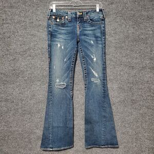 True Religion World Tour Jeans Sz 28 Flap Pocket Low Rise Flared Boot Y2K Grunge